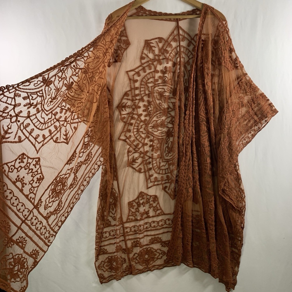 Coastal Cowgirl Sheer Lace Duster Kimono Top OS Burnt Orange Boho Romantic